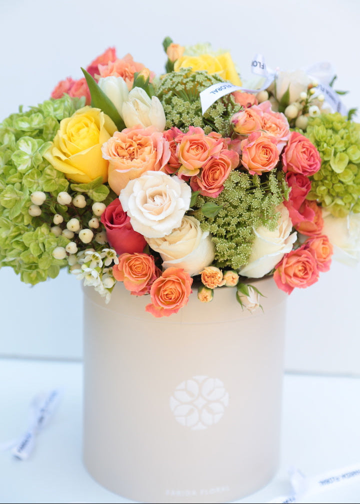 Warm green and orange garden mix bouquet for saying thank you, by Farida Floral, Fairfax VA