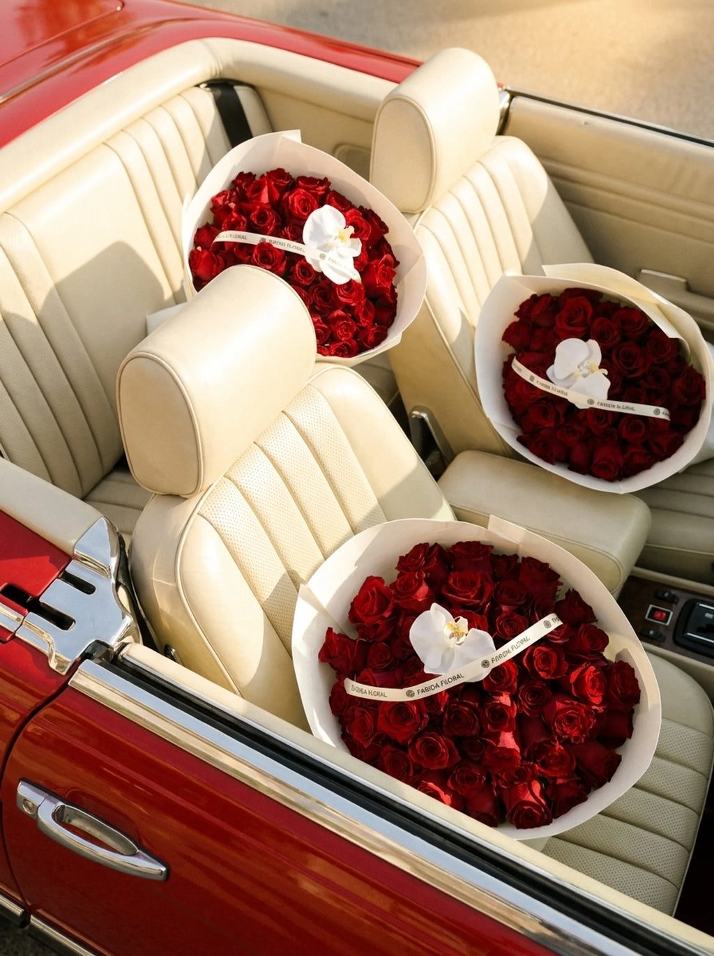 Premium red rose boxes arranged in a vintage convertible